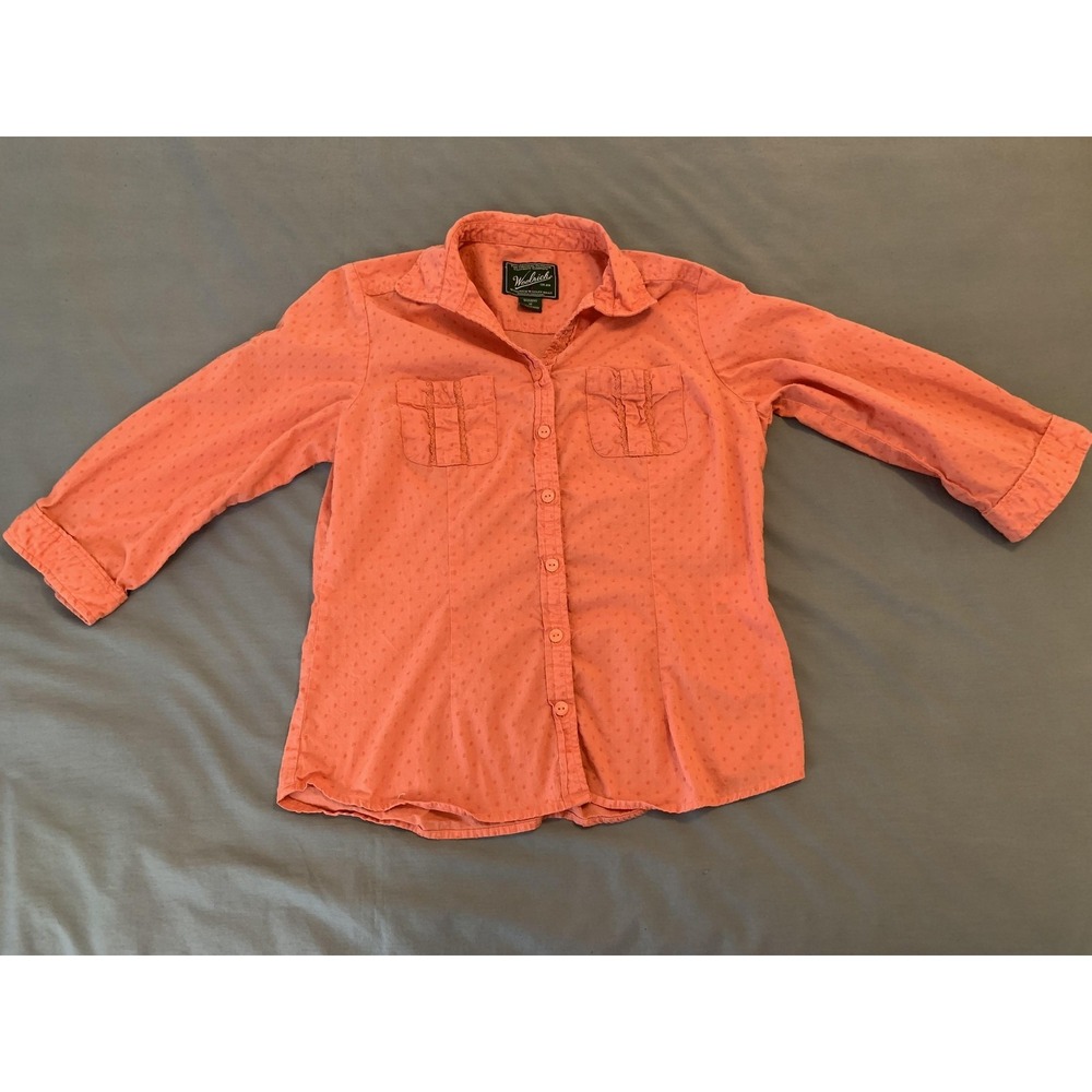 Woolrich Shirt Womens Medium Pink Polka Dot 3/4 Sleeve Button Front Cotton - Picture 1 of 7
